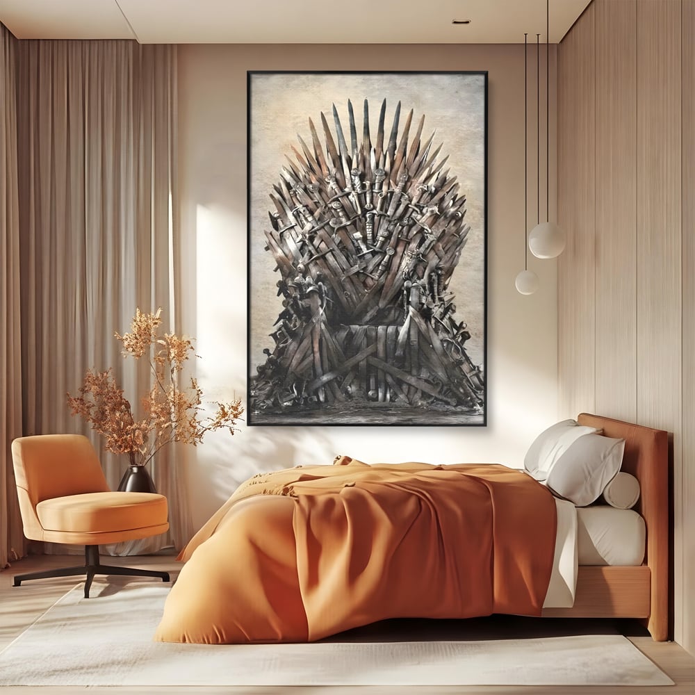 Tablou canvas cu tablou canvas cu tronul din sabii, in rama de aluminiu negru, pe perete intr-un dormitor